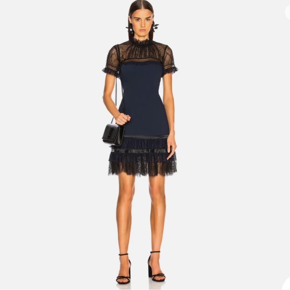 Jonathan Simkhai Navy Blue Plisse Lace Illusion Mock Neck Dress